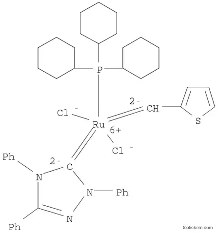 Molecular Structure of 1190427-51-0 (Tricyclohexylphosphine[2,4-dihydro-2,4,5-triphenyl-3H-1,2,4-triazol-3-ylidene][2-thienylmethylene]ruthenium(II) dichloride, min. 95%)